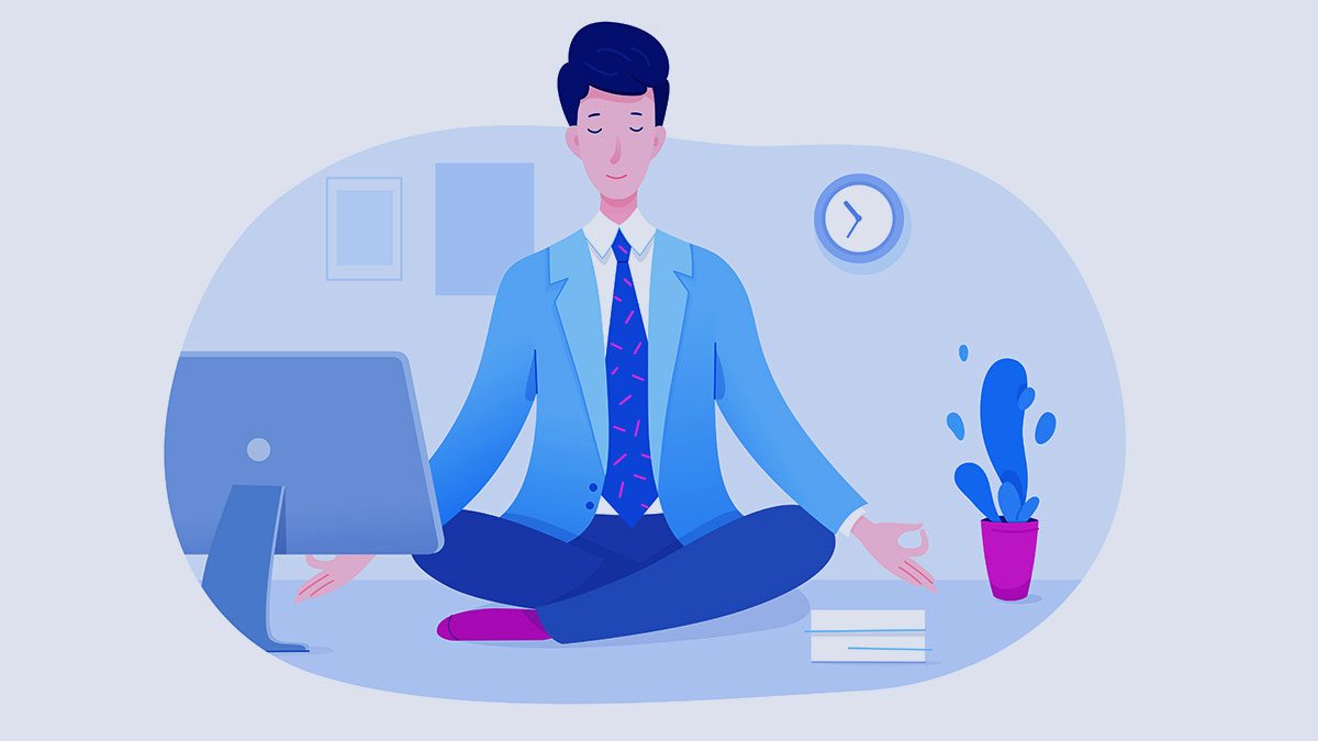 Trader che fa yoga e meditazione in ufficio